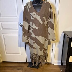 NWOT BOII LIFE Brown and Tan Camouflage Sweater Dress with Fringe